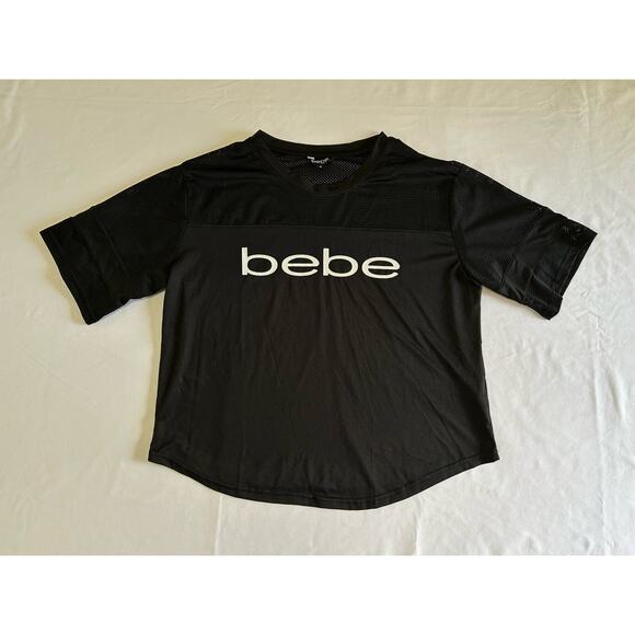 Bebe Sport Crop Top Relaxed Fit Black Shirt Spellout Logo Mesh Panel Size Medium - Picture 9 of 15